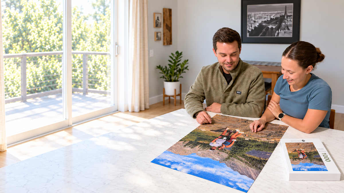 Couple building a custom photo puzzle together at the kitchen table