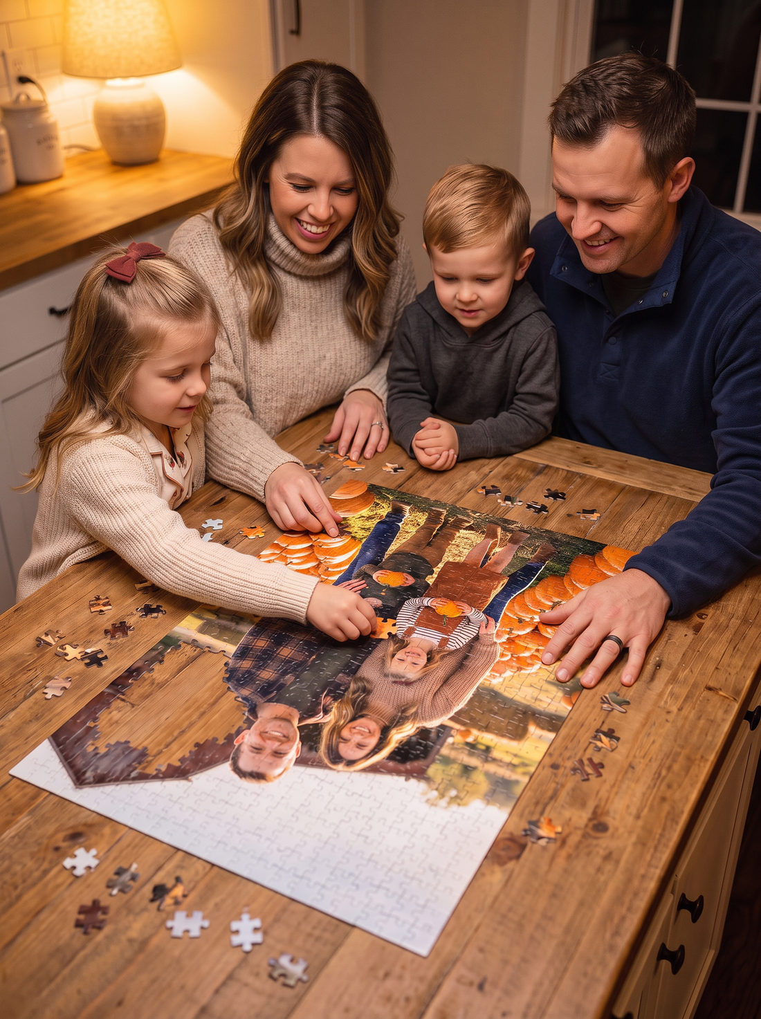 The same family photo as a half-finished jigsaw puzzle